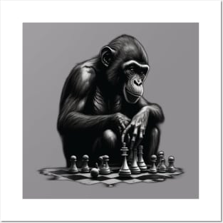 Thinking monkey playing chess Posters and Art